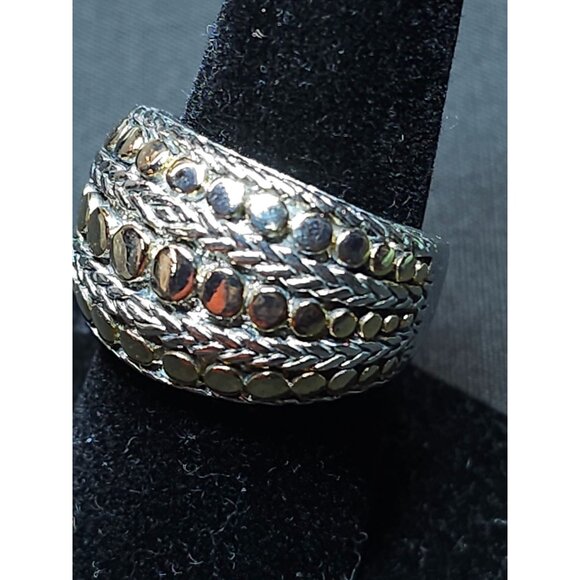 Wide Silver-Gold Textured Band Ring, Braided & Dotted, Size 8 - Picture 2 of 7
